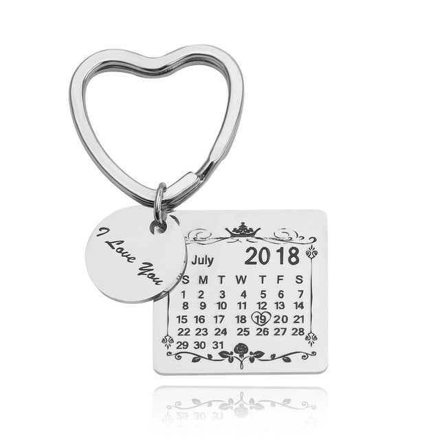 Heart Shaped, Personalized Calendar Keychain Custom Gift Engraved Heart Date Name Stainless Steel Key Chain Graduation Anniversary Birthday