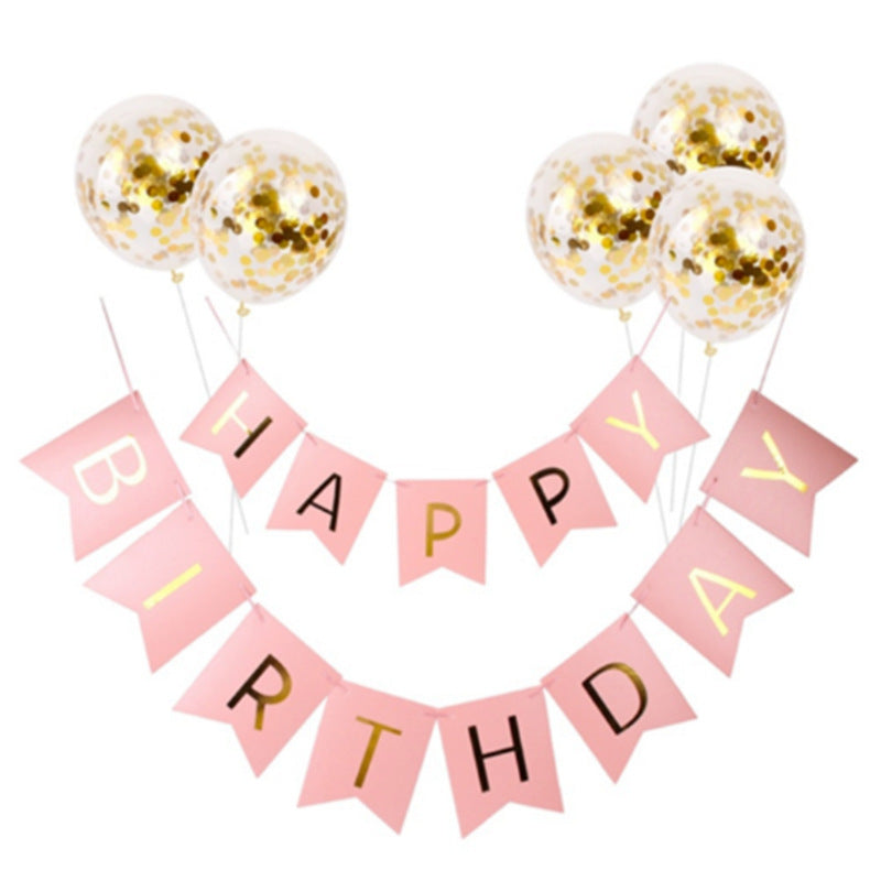 Happy Birthday Lettering Banner Rose Gold Multicolored Balloons