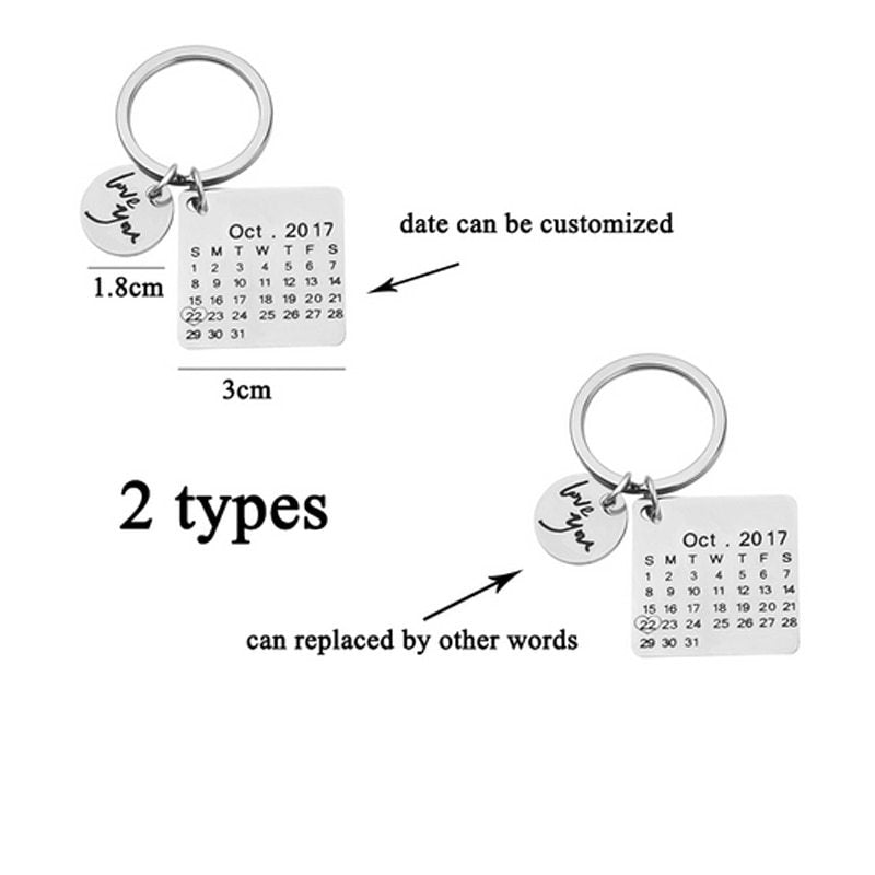 Calendar Keychain Custom Gift Engraved Date Name Stainless Steel Key Ring Anniversary Birthday Gift