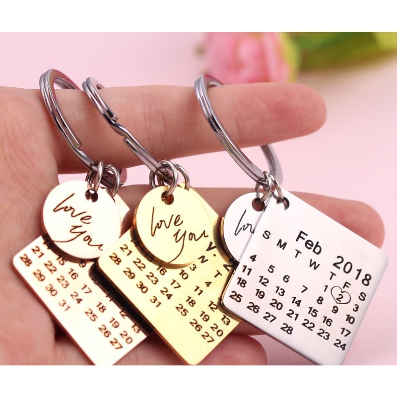 Calendar Keychain Custom Gift Engraved Date Name Stainless Steel Key Ring Anniversary Birthday Gift