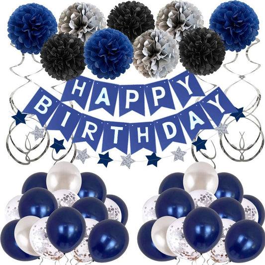 Navy Blue Birthday Pull Flag Night Blue Balloons Paper Flower Ball Decoration Set