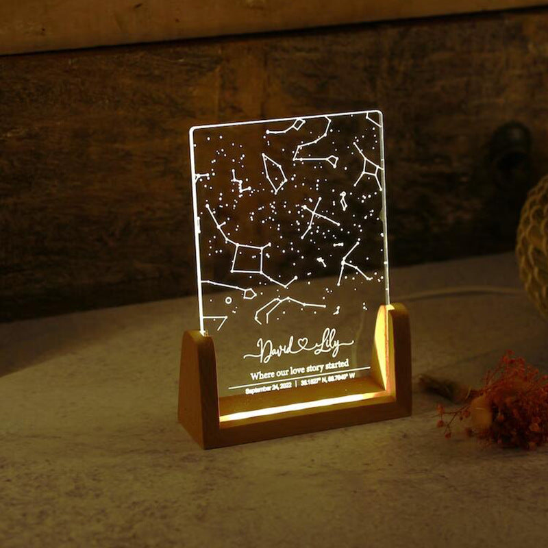 Personalized Star Map Night Light Engraved Name Birthday Photo Frame Wooden Base