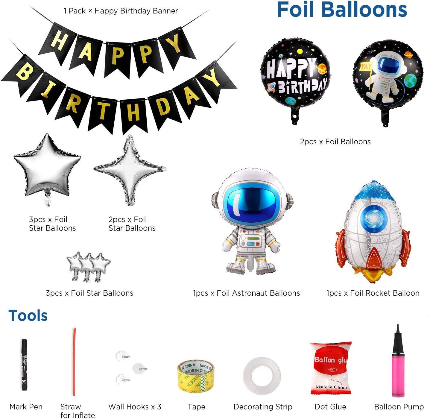 55 Stück Metallic-Ballons Blauer Astronauten-Raketen folien ballons alles Gute zum Geburtstag