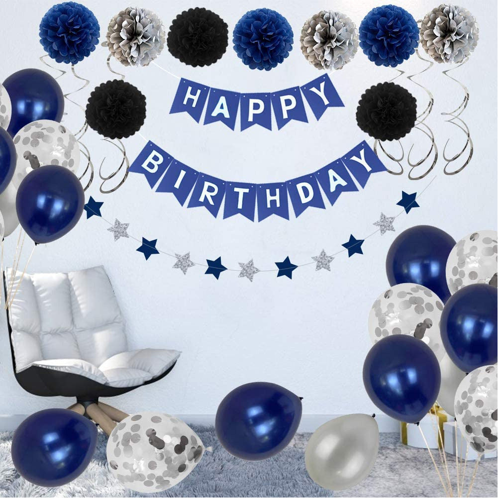 Navy Blue Birthday Pull Flag Night Blue Balloons Paper Flower Ball Decoration Set