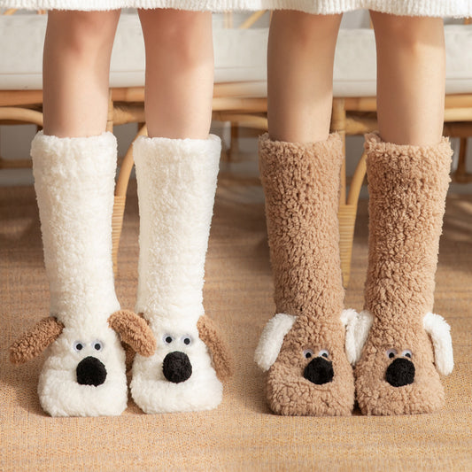 Cute Cartoon Dog Floor Socks Winter Warm Non-slip Plush Socks For Wamen