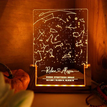 Personalized Star Map Night Light Engraved Name Birthday Photo Frame Wooden Base